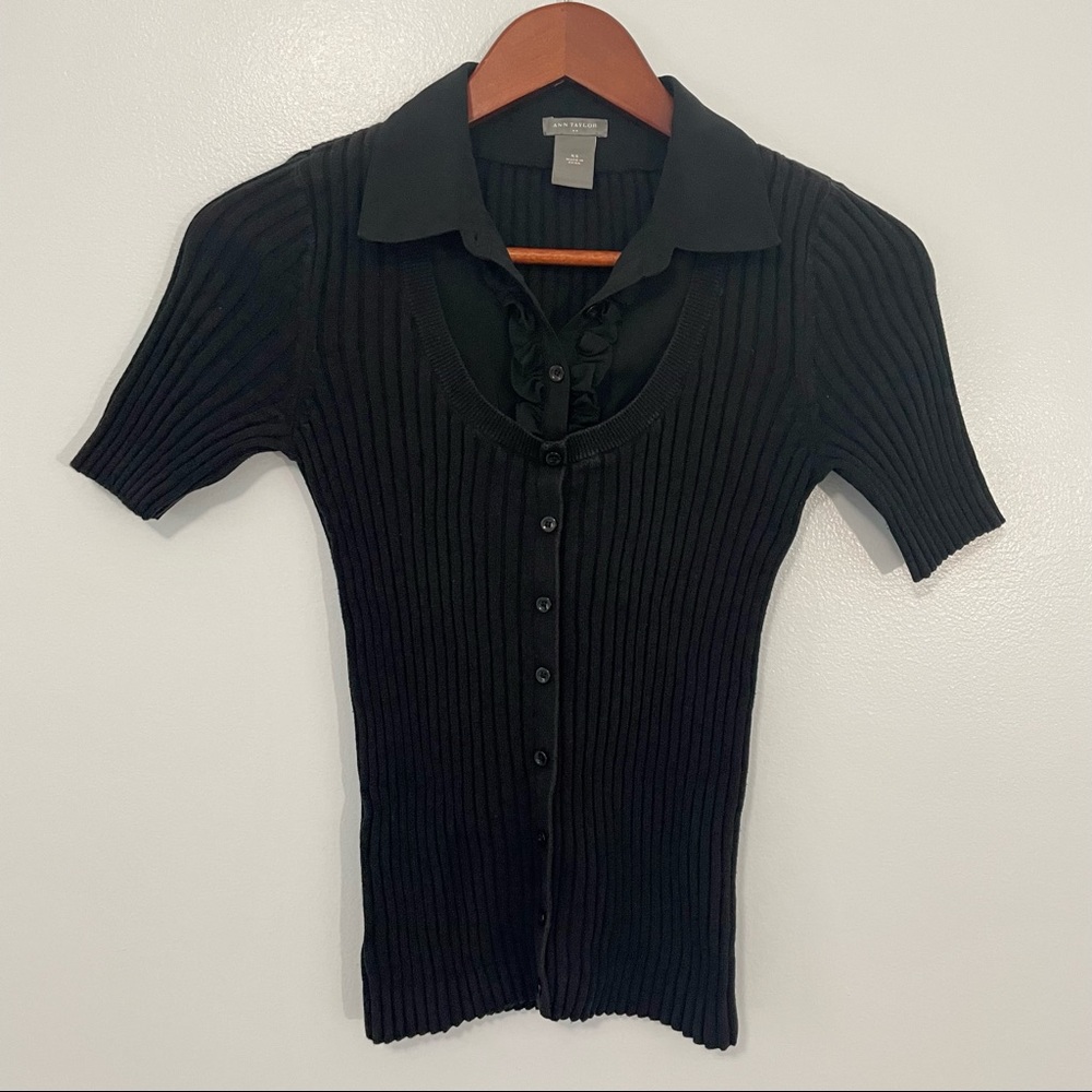 Ann Taylor Factory Black Cotton Knit Top with Woven Ruffle Collar